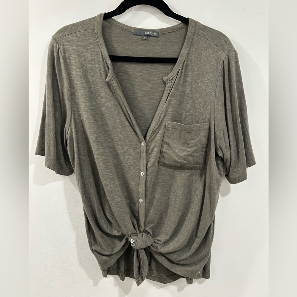 MATTY M Women's Front Tie Short Sleeve V-Neck Stretch T-Shirt Top